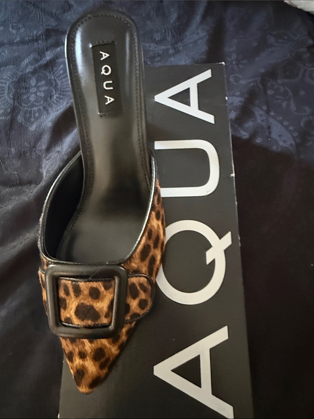 Aqua Leopard Print Buckle Pointed Mule in Brown and Black